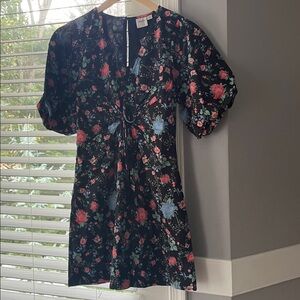 Floral Black Dress with Puff Sleeves Maeve Anthropologie